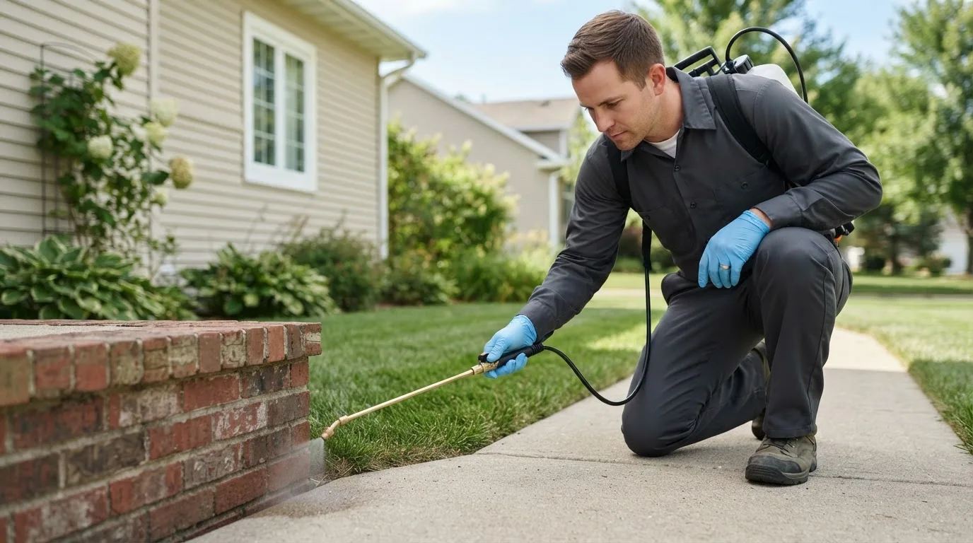 Pest control technician treating a home near Enderlin, ND